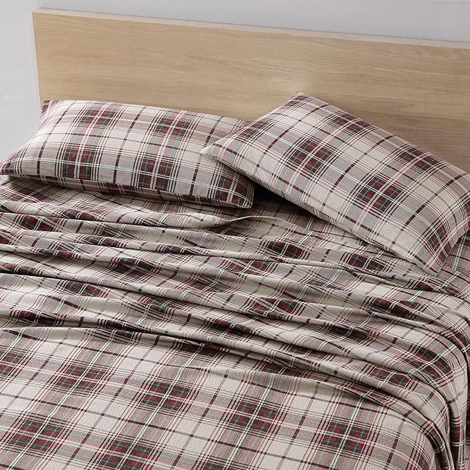 Eddie Bauer - Flannel Sheets Queen Size, Anti-Pilling & Wrinkle Resistant Cotton, Touchably Soft for All-Season Comfort - Bed Sheets with Matching Pillowcases & Fitted Sheet (Montlake Plaid Red)