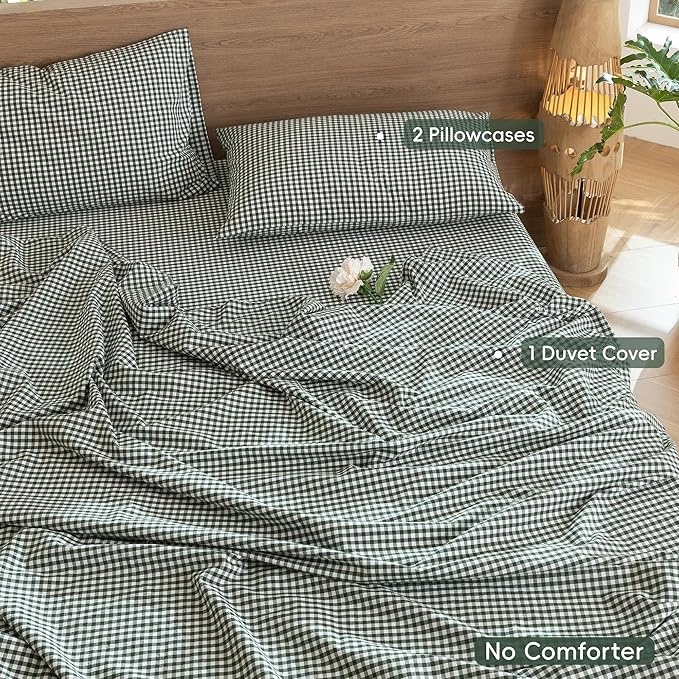 MooMee Gingham Duvet Cover Set 100% Washed Cotton Linen Like Textured Breathable Durable Soft Comfy Modern Checkered Design (Mini Gingham Forest Green, Full 80"x90")