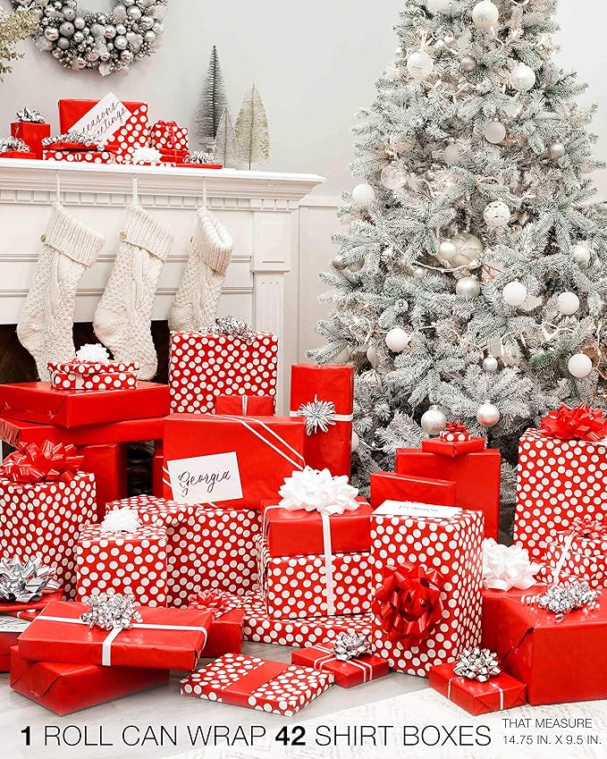 American Greetings Jumbo Reversible Red Wrapping Paper Roll for Christmas, Valentine's Day or Any Occasion (175 sq. ft., 1 Extra Large Roll-30 in. x 70 ft.) White Polka Dots