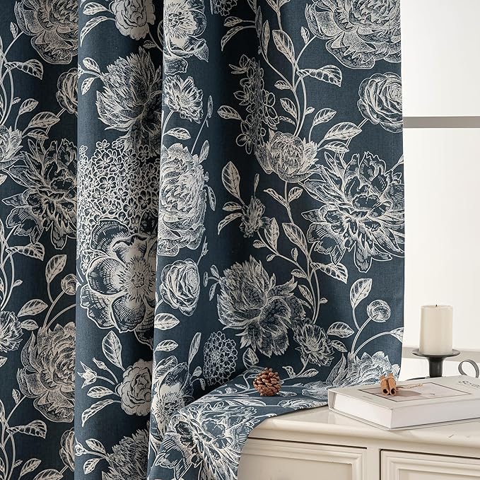Pattern Blackout Curtains Blue Peony Print - Vintage Curtains for Bedroom Living Room, Floral Blackout Curtains Cotton Blend, Light Blocking Patterned Curtains, 52" W x 84" L