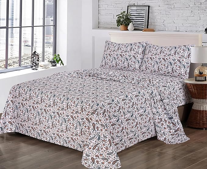RUVANTI 100% Cotton Full Size Bed Sheets, 4 Pieces, Soft & Breathable Percale Weave Bedding, Deep Pocket 16", Hotel Standard, Crisp Cool Feel, Durable, Perfect Sheet Set Floral, Teal Paisley