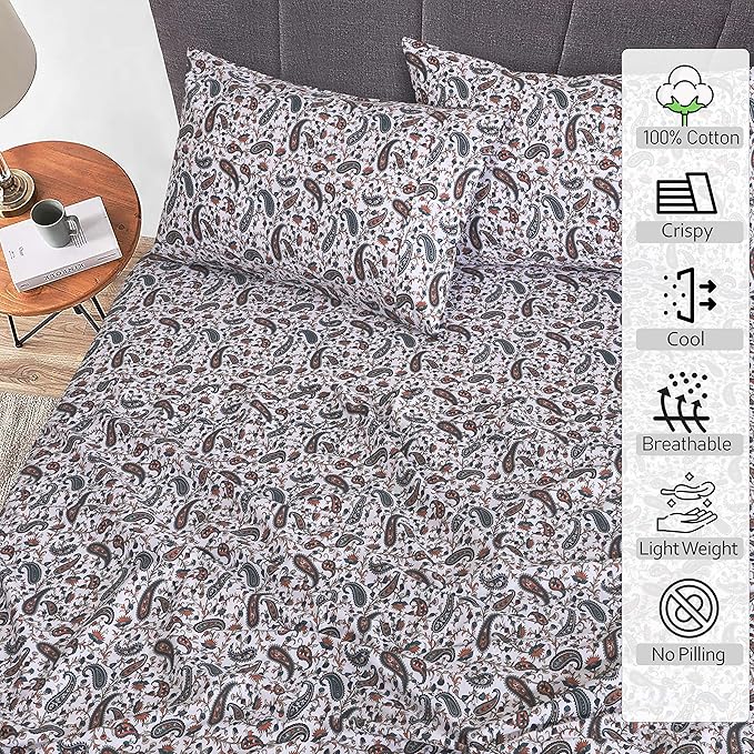 RUVANTI 100% Cotton Full Size Bed Sheets, 4 Pieces, Soft & Breathable Percale Weave Bedding, Deep Pocket 16", Hotel Standard, Crisp Cool Feel, Durable, Perfect Sheet Set Floral, Teal Paisley