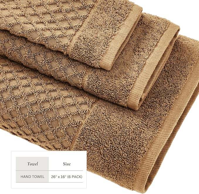 Great Bay Home Hand Towels - 100% Cotton 6 Pack 26x16 Hand Towel Set - Absorbent, Durable, Quick-Dry Towels for Bathroom (Mocha)
