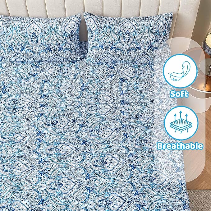 Softan Blue Paisley Printed Bed Sheets King Size, Floral Sheet Set King, Brushed Polyester Microfiber Fitted Sheet with 15" Deep Pocket & Non-Slip Straps, Blue Flower Patterned Sheet & Pillowcase Sets