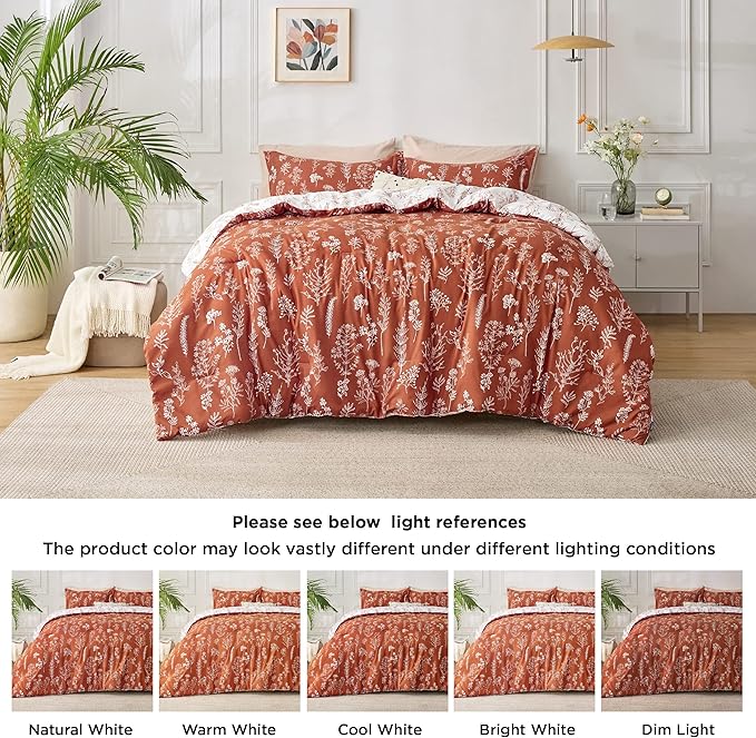Bedsure California King Comforter Set - Terracotta Bed Set, 3 Pieces Cute Floral Bedding, 1 Soft Reversible Botanical Flowers Comforter and 2 Pillow Shams