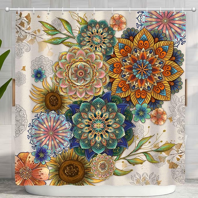 Mid Century Abstract Boho Aesthetic Shower Curtain Set, Green Nature Leaf Sun Modern Minimalist Home Bathroom Curtain Decor with 12 Hooks 72 Inch Wide * 84 Inch High