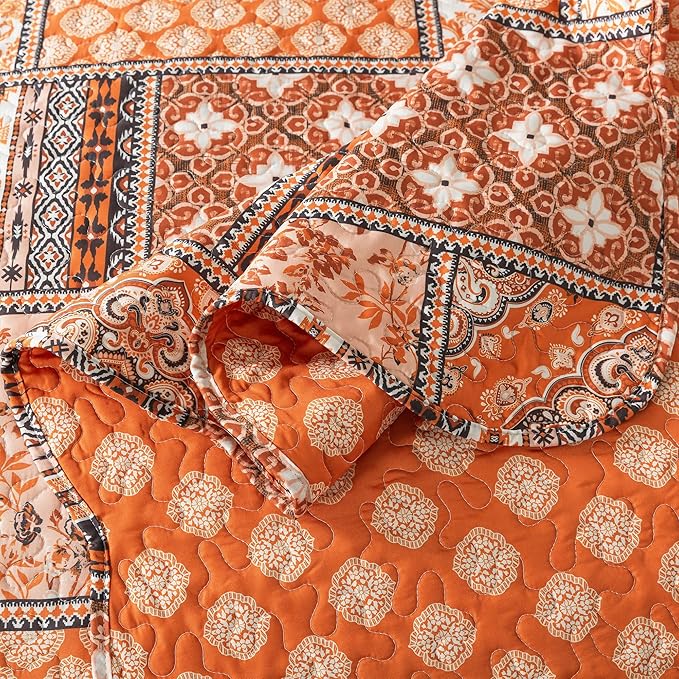 HoneiLife King Quilt Bedding Set - 3 Pieces Vintage Quilt Sets Microfiber Bedspreads Floral Coverlets Retro Bed Cover All Season Quilts-Pumpkin