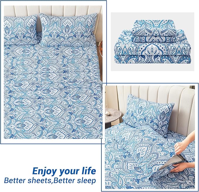 Softan Blue Paisley Printed Queen Size Sheet Set, Blue Floral Sheets Queen, Cozy Microfiber Fitted Sheet with 15" Deep Pocket & Non-Slip Straps, Flower Patterned Sheets & Pillowcase Sets