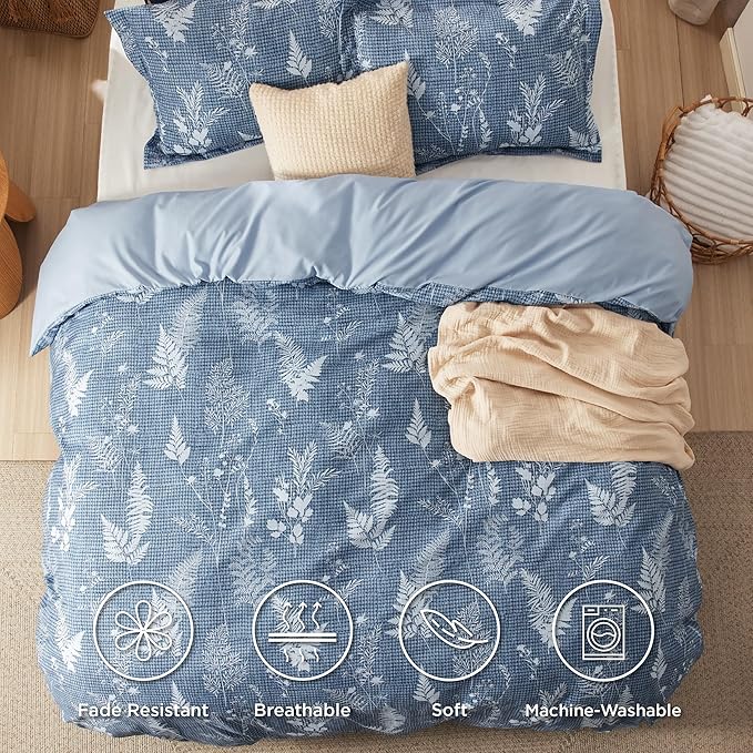 Bedsure Duvet Cover Queen Size - Reversible Waffle Floral Duvet Cover Set with Zipper Closure, 3 Pieces Blue Bedding Set with 8 Corner Ties and 2 Pillow Shams 20"x26"