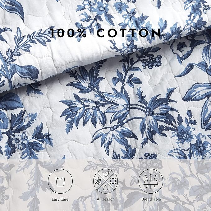 Laura Ashley - Twin Quilt Set, Reversible Cotton Bedding with Matching Sham, Medium-Weight for Year Round Use, Dorm Essentials (Bedford Delft Blue)