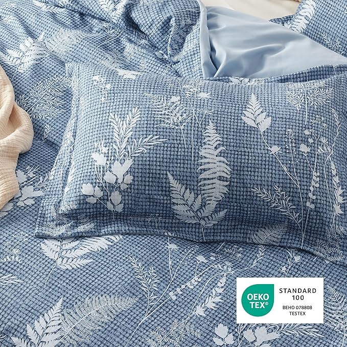 Bedsure Duvet Cover Queen Size - Reversible Waffle Floral Duvet Cover Set with Zipper Closure, 3 Pieces Blue Bedding Set with 8 Corner Ties and 2 Pillow Shams 20"x26"