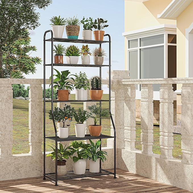 Simple Trending Plant Stand 5-Tier Plant Shelf for Indoor Outdoor, Waterproof Metal Tall Plant Stand for Living Room Bathroom Balcony Garden, Black