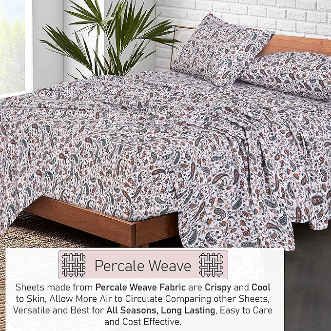 RUVANTI 100% Cotton Full Size Bed Sheets, 4 Pieces, Soft & Breathable Percale Weave Bedding, Deep Pocket 16", Hotel Standard, Crisp Cool Feel, Durable, Perfect Sheet Set Floral, Teal Paisley