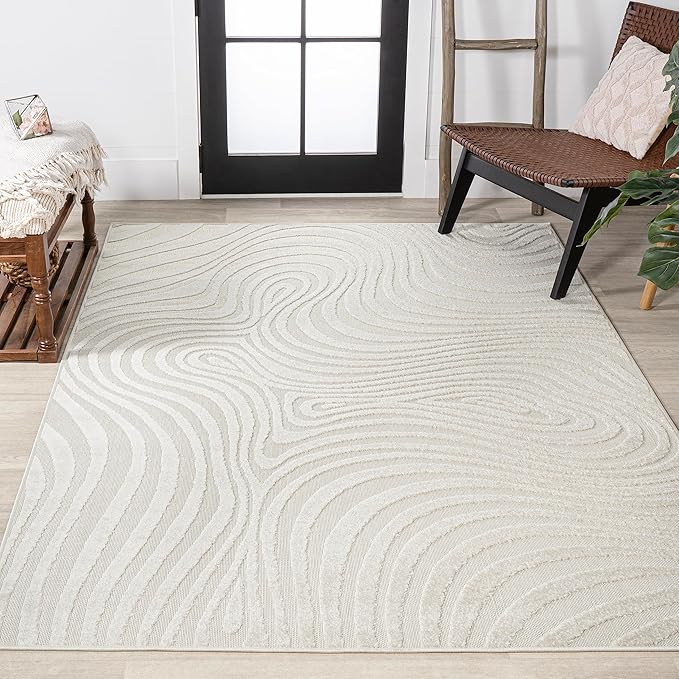 JONATHAN Y Maribo High-Low Abstract Striped Cream/Ivory 12x18 Indoor/Outdoor Area Rug, Pet Friendly, Non-Shedding, Stain Resistant, Easy-Cleaning for Backyard, Patio (SCN103A-18)