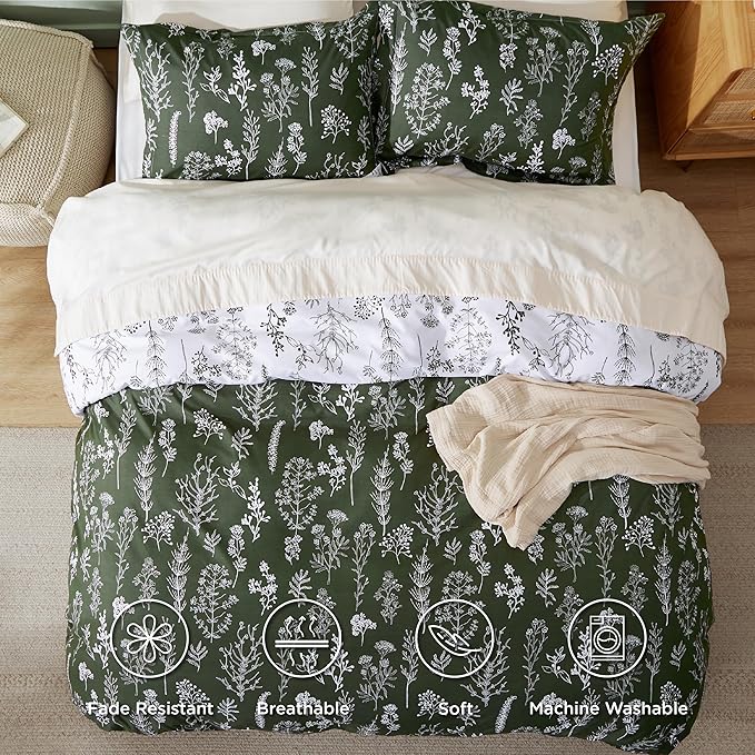 Bedsure Duvet Cover Queen Size - Reversible Dark Green Queen Duvet Cover Set with Zipper Closure, 3 Pieces Floral Patterned Bedding Set with 8 Corner Ties and 2 Pillow Shams