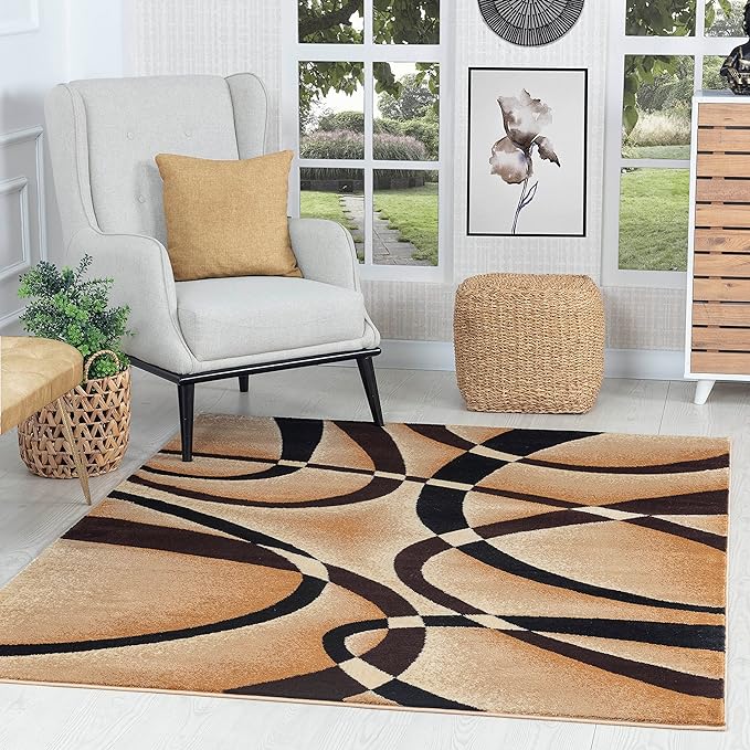 GLORY RUGS Modern Area Rug 4x6 Beige Swirls Carpet Bedroom Living Room Contemporary Dining Accent Sevilla Collection 4816A (Brown)