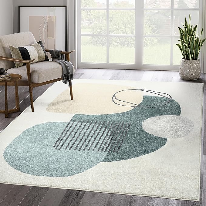 Abani Deco Area Rug -Cream/Green Minimalist Design -7'9" x 10'2"(8'x10') - Easy to Clean - Durable for Kids and Pets - Non-Shedding - Medium Pile - Soft Feel - for Living Room, Bedroom & Office