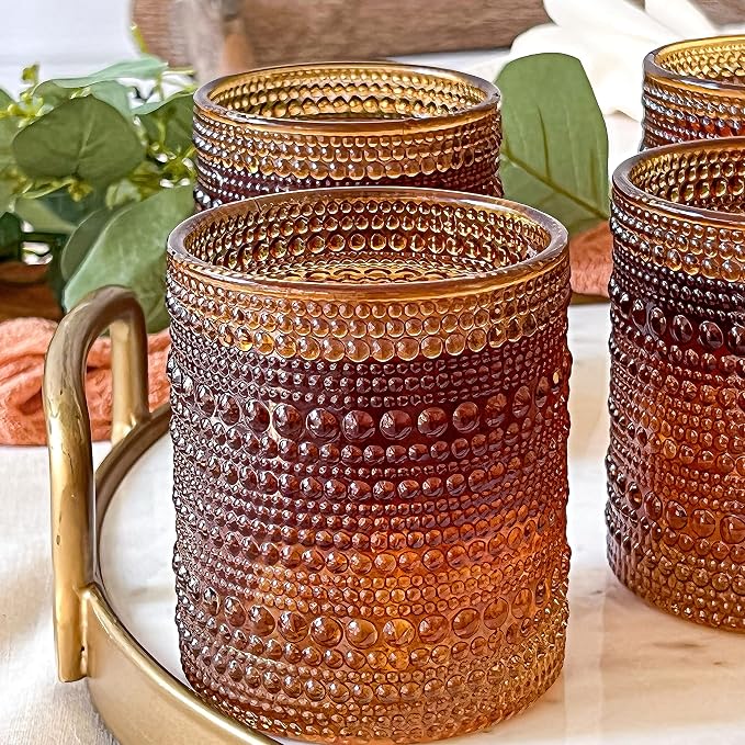 Kate Aspen Beaded Amber Drinking Glasses Set of 6-10 oz Vintage Glassware Jupiter Glasses, Cocktail Glass, Juice Glass, Water Cups Hostess Gift, Present, Gift for Newlyweds (Pack of 4)