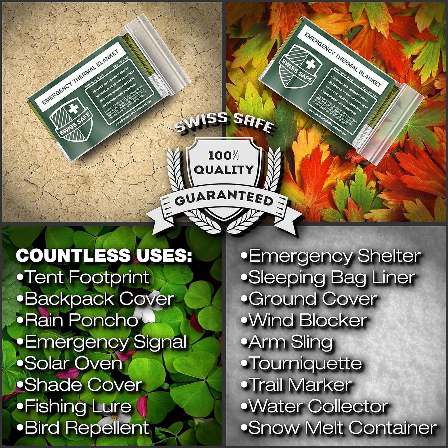 Swiss Safe Mylar Emergency Blankets - Compact & Insulated for Cold Weather | 4-Pack in Army Green