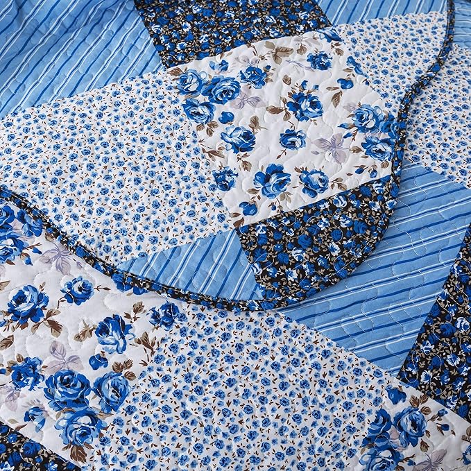 HoneiLife Quilt Set Queen Size - 3 Piece Microfiber Quilts Reversible Bedspreads Patchwork Coverlets Floral Bedding Set All Season Quilts with Blue and White Porcelain Pattern,Queen Size