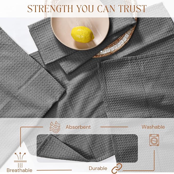 Gray Waffle Kitchen Dish Towels, 100% Cotton, Quick Dry, Super Absorbent, Soft, 16x26 Inches - Ideal for Dish Drying, Bar, Tea, Cleaning, and Everyday Use, 4 Pack, Grey