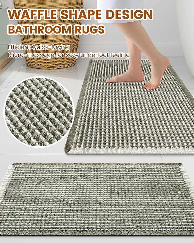 Smiry Waffle Bath Mat 72x24, Extra Soft Absorbent Bathroom Rugs, Non Slip Machine Washable Quick Dry Bath Rugs for Bathroom Floor, Tub, Shower, Home Decor Accessories, Green & Cream