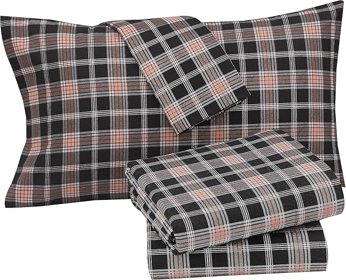 RUVANTI Flannel Sheets Twin XL Size - 100% Cotton Double Brushed Twin XL Sheet Sets, Deep Pockets 16 Inches, All Seasons Breathable & Extra Soft Bed Sheets, Warm & Cozy, 3 Piece, Peach & Black Plaid