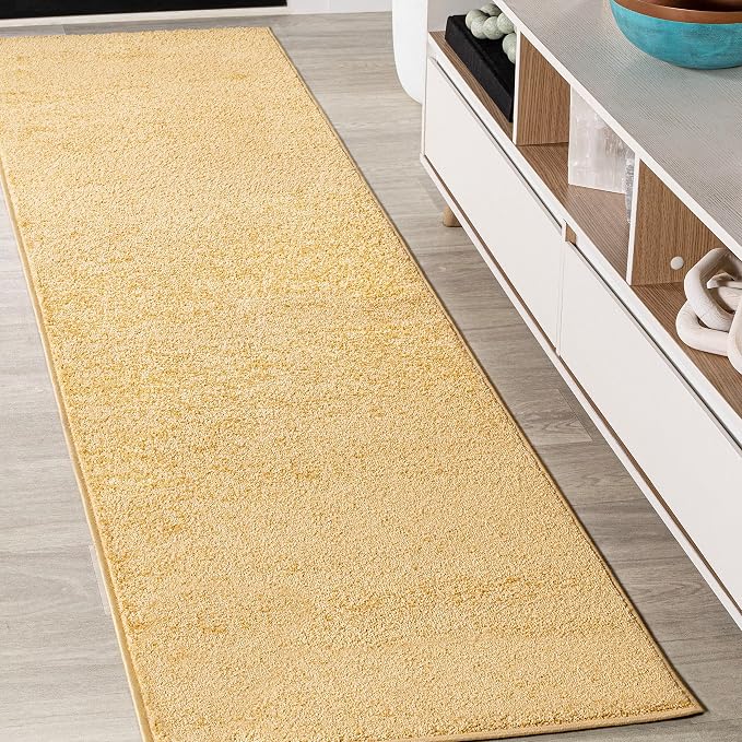 JONATHAN Y Haze Solid Low-Pile Mustard Runner Rug 2x12, Coastal,Bohemian,Minimalist,Classic, Easy-Cleaning for Living Room,Bedroom,Kitchen,Pet Friendly,Non-Shedding (SEU100B-212)