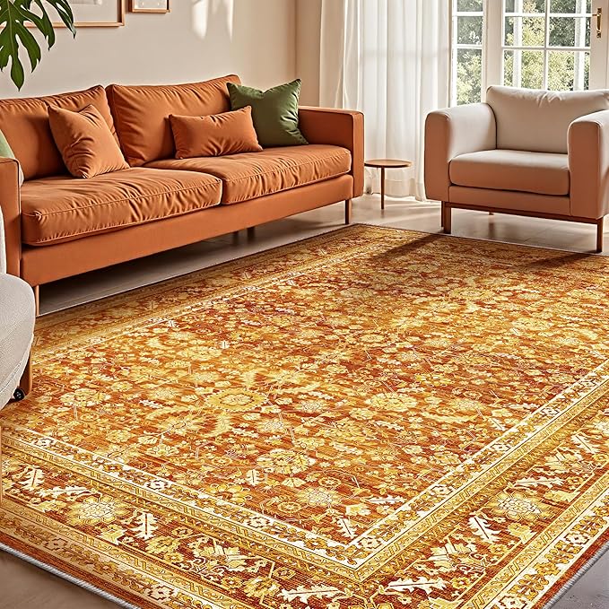 OPPODREAM Vintage Orange Area Rugs 9x12, 9 x 12 Retro Washable Rug Non Slip, Low-Pile Faux Wool Carpet, Distressed Floor Mat for Living Room, Bedroom, Office, Dorm, Dinning Room, Big & Large
