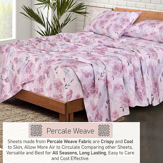 RUVANTI 100% Cotton Sheets Queen Size Set, 4 Pieces, Soft & Breathable Percale Weave Bedding, Deep Pocket 16", Hotel Standard, Crisp Cool Feeling, Durable, Perfect Floral Bed Sheet, Lilac Floral