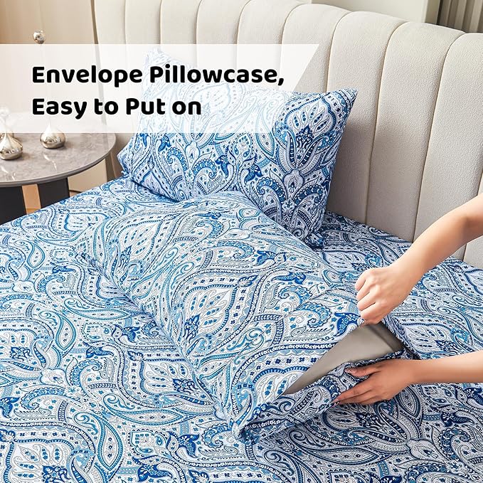 Softan Blue Paisley Printed Bed Sheets King Size, Floral Sheet Set King, Brushed Polyester Microfiber Fitted Sheet with 15" Deep Pocket & Non-Slip Straps, Blue Flower Patterned Sheet & Pillowcase Sets