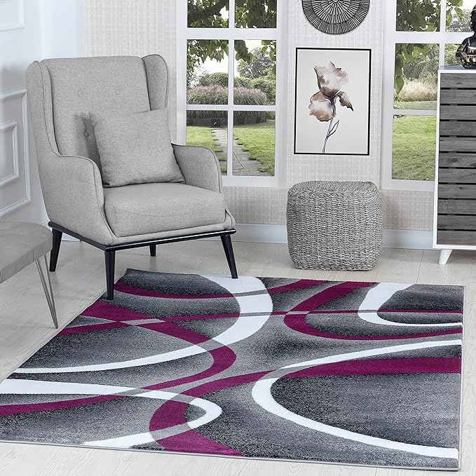 GLORY RUGS Modern Area Rug 4x6 Purple Swirls Carpet Bedroom Living Room Contemporary Dining Accent Sevilla Collection 4816A (Grey Purple)