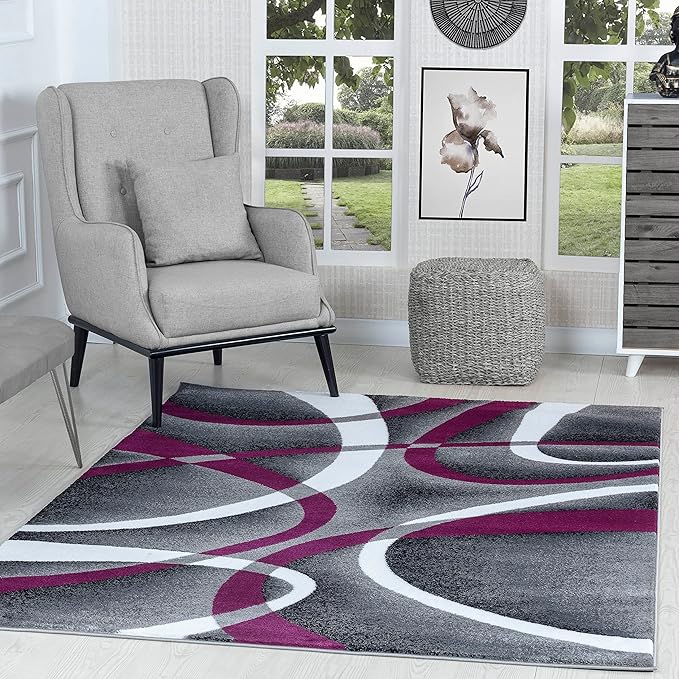 GLORY RUGS Modern Area Rug 8x10 Grey Swirls Carpet Bedroom Living Room Contemporary Dining Accent Sevilla Collection 4816A (Purple)