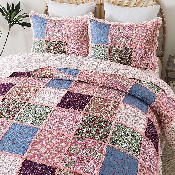 HoneiLife Queen Quilt Bedding Sets - Patchwork Quilt Bedding Sets 3-Piece 90x96, Reversible Bedspreads Floral Coverlet Nostalgic Bedding Set All Season Quilts