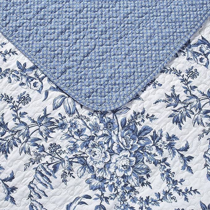 Laura Ashley - Twin Quilt Set, Reversible Cotton Bedding with Matching Sham, Medium-Weight for Year Round Use, Dorm Essentials (Bedford Delft Blue)
