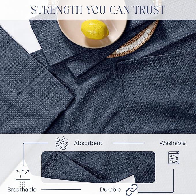 Navy Waffle Kitchen Dish Towels, 100% Cotton, Quick Dry, Super Absorbent, Soft, Lint-Free, 16x26 Inches - Ideal for Dish Drying, Tea, Cleaning, and Everyday Use, 4 Pack, Navy Blue