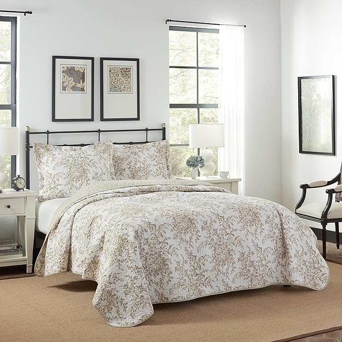 Laura Ashley - Twin Quilt Set, Reversible Cotton Bedding with Matching Sham, Medium-Weight for Year Round Use, Dorm Essentials (Bedford Mocha)