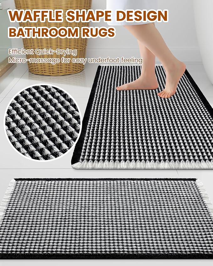 Smiry Waffle Bath Mat 36x24, Extra Soft Absorbent Bathroom Rugs, Non Slip Machine Washable Quick Dry Bath Rugs for Bathroom Floor, Tub, Shower, Home Decor Accessories, Black & Cream