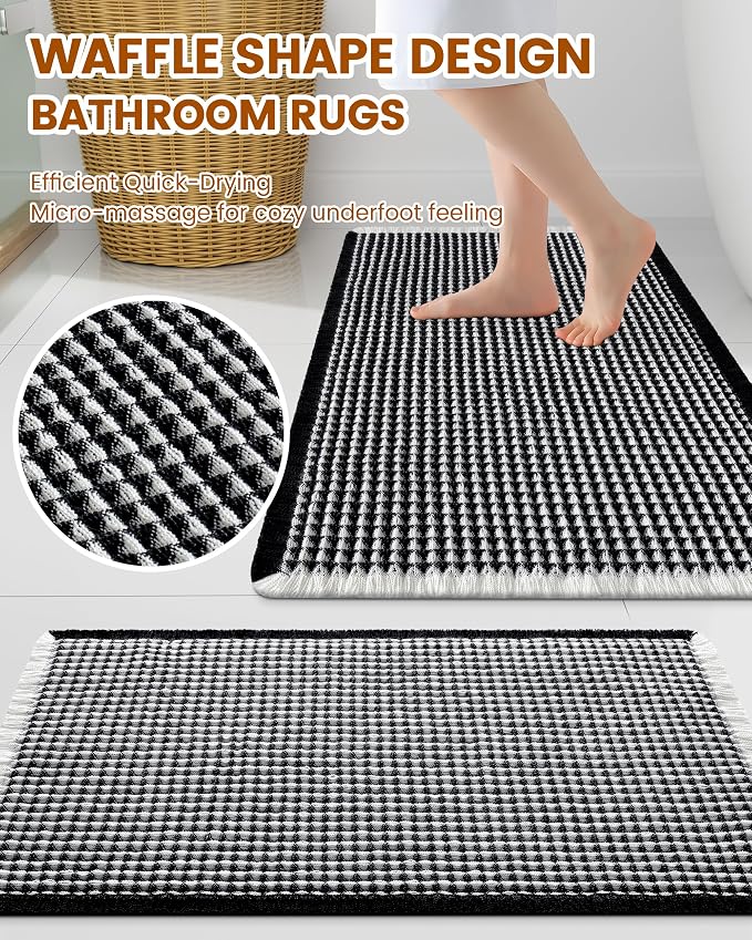 Smiry Waffle Bath Mat 72x24, Extra Soft Absorbent Bathroom Rugs, Non Slip Machine Washable Quick Dry Bath Rugs for Bathroom Floor, Tub, Shower, Home Decor Accessories, Black & Cream