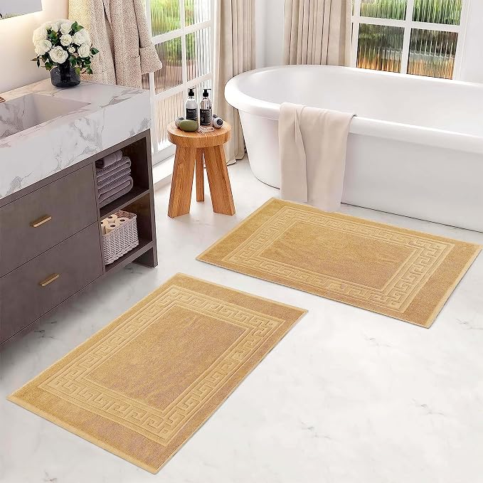 Superior Heavyweight Cotton Bath Mats, Bath Rugs For Bathroom Accessories, Washable Rug For Shower, Bath, Toilet, Modern Decor, No Backing, Luxury Hotel And Spa Quality, Set of 2, 22" x 35", Gold