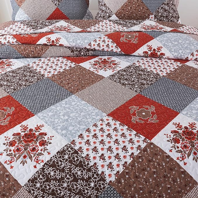 HoneiLife Quilt Set King Size - 3 Piece Microfiber Bedspread Reversible Coverlet Patchwork Bedding Set Lightweight Bedcover Floral Bedspreads All Season Quilts-Amaranth Red
