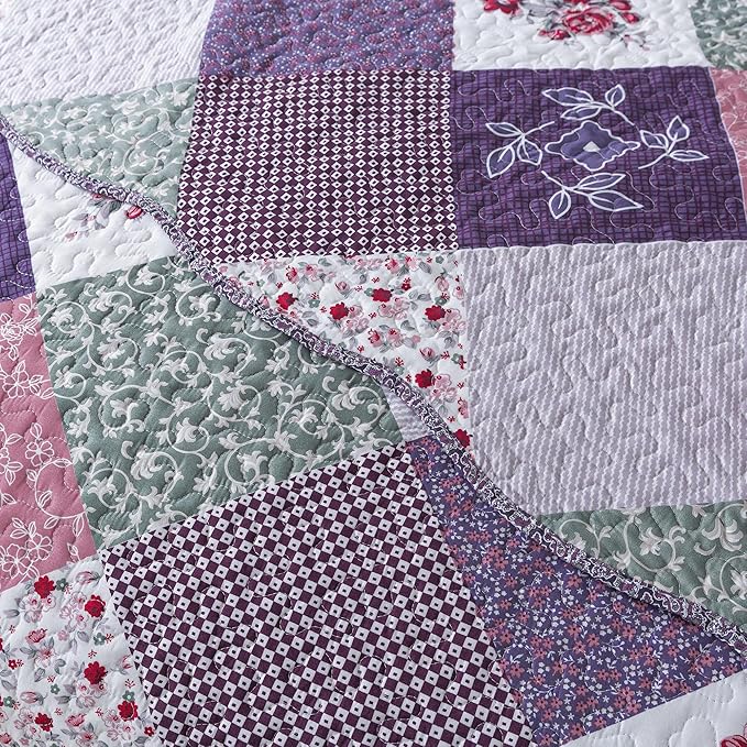 HoneiLife Queen Quilt Bedding Set - 3 Pieces Microfiber Quilt Sets Lightweight Bedspreads Reversible Coverlets Retro Bed Cover Floral Bedding Set All Season Quilts-Purple