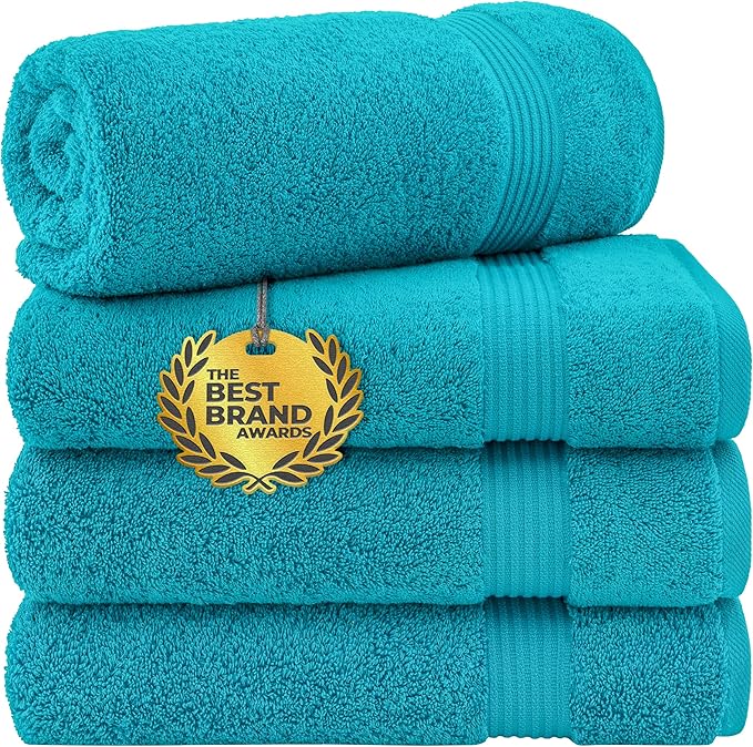 Cotton Paradise 4 Piece Turkish Bath Towels for Bathroom, 100% Cotton Extra Large Soft Plush Towels Bathroom Set, Aqua Blue