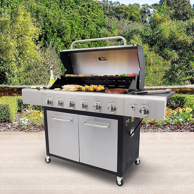 Kenmore 6-Burner Propane Gas BBQ Grill with Side Burner, 73,000 BTUs, Stainless Steel Cabinet Grill with Cast Iron Grates for Outdoor Cooking, Backyard BBQ, Patio, Large Parties