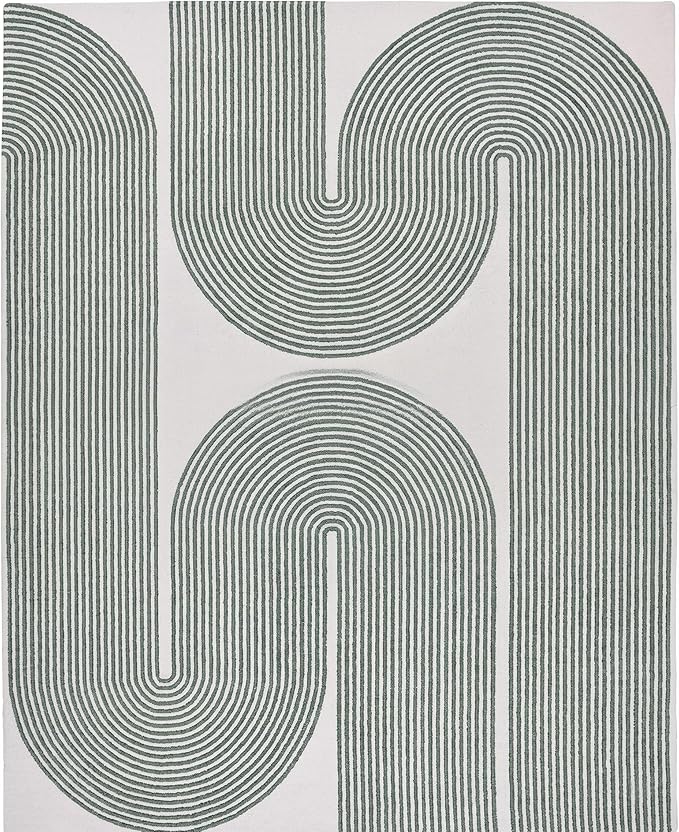 Modern Handmade Wool Area Rug, Abstract Curved Line Geometric Indoor Carpet for Living Room Bedroom, Contemporary Tufted Rug with Soft Pile and Cotton Backing (Sage Green, 6' x 8')