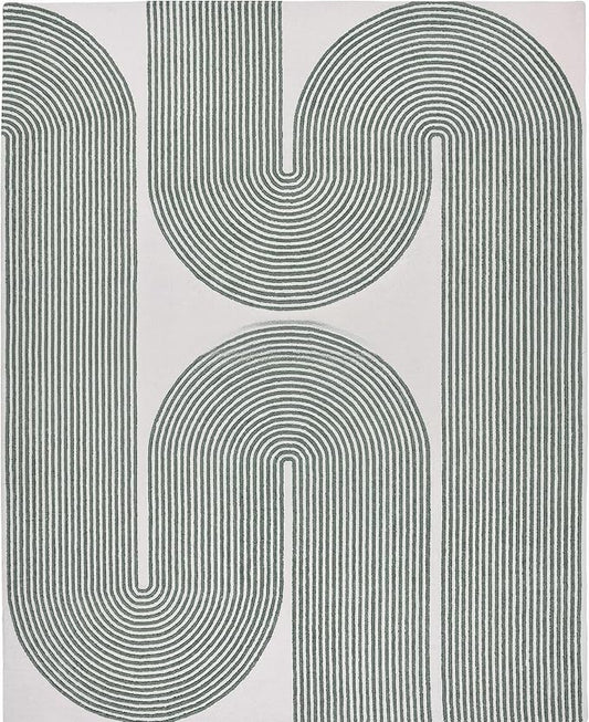 Modern Handmade Wool Area Rug, Abstract Curved Line Geometric Indoor Carpet for Living Room Bedroom, Contemporary Tufted Rug with Soft Pile and Cotton Backing (Sage Green, 8' x 10')