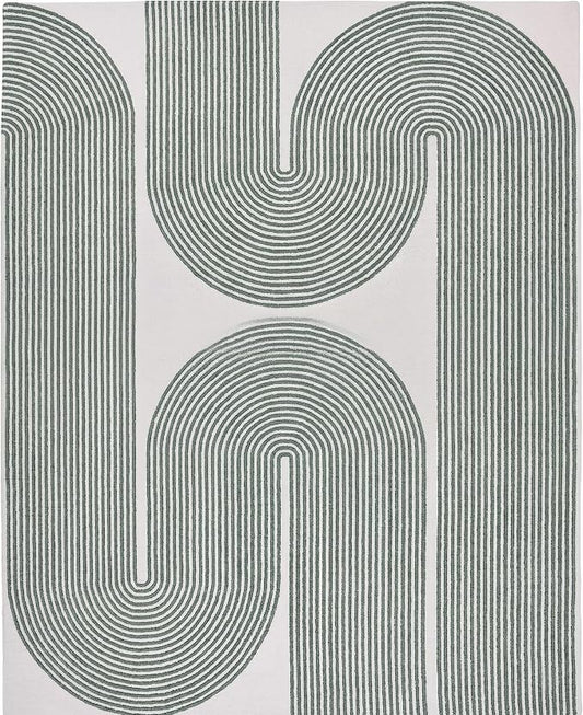 Modern Handmade Wool Area Rug, Abstract Curved Line Geometric Indoor Carpet for Living Room Bedroom, Contemporary Tufted Rug with Soft Pile and Cotton Backing (Sage Green, 5' x 7')
