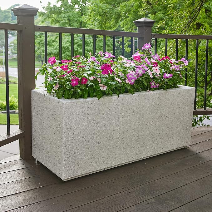 PolyStone Milan Block Long Box Planter – Tall Rectangular Planter for Indoor/Outdoor – Large, Lightweight, Durable, All-Weather Pot w/Drainage Holes – Modern Patio/Porch Décor for Plants, Flowers