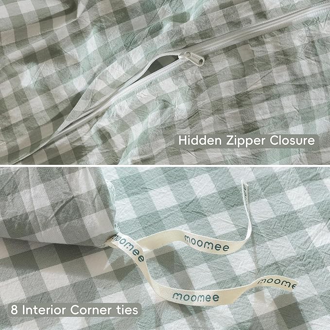 MooMee Gingham Duvet Cover Set 100% Washed Cotton Linen Like Textured Breathable Durable Soft Comfy Modern Checkered Design (Sage Green Gingham, Twin 68"x90")