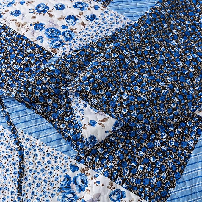 HoneiLife Quilt Set Queen Size - 3 Piece Microfiber Quilts Reversible Bedspreads Patchwork Coverlets Floral Bedding Set All Season Quilts with Blue and White Porcelain Pattern,Queen Size